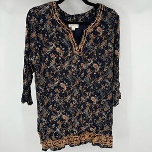 Magnolia Grace Navy and Orange Paisley Embroidered Blouse